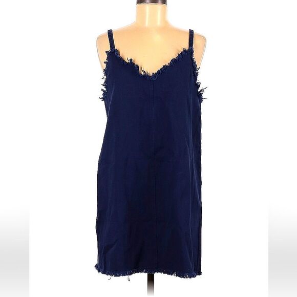 Sadie & Sage Navy Blue Cotton Twill Strapless Fringe Shift Dress Sz M - Picture 1 of 9